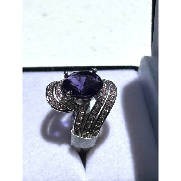 Silver-Tone Faux Amethyst & Crystal Accent Swirl Cocktail Ring Size 8 Elegant St - Picture 2 of 4